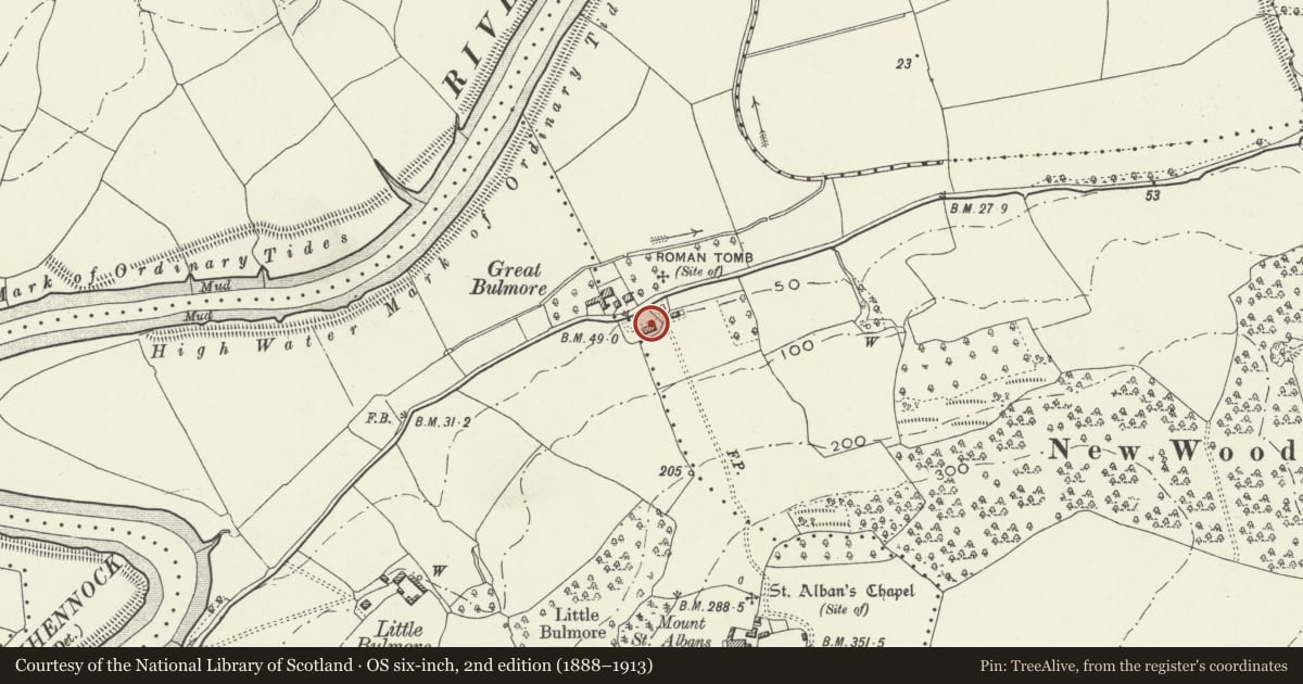 Ordnance Survey six-inch map, 2nd edition (1888–1913) covering the location of The Bulmore, Caerleon, Newport, with a pin at the register's coordinates