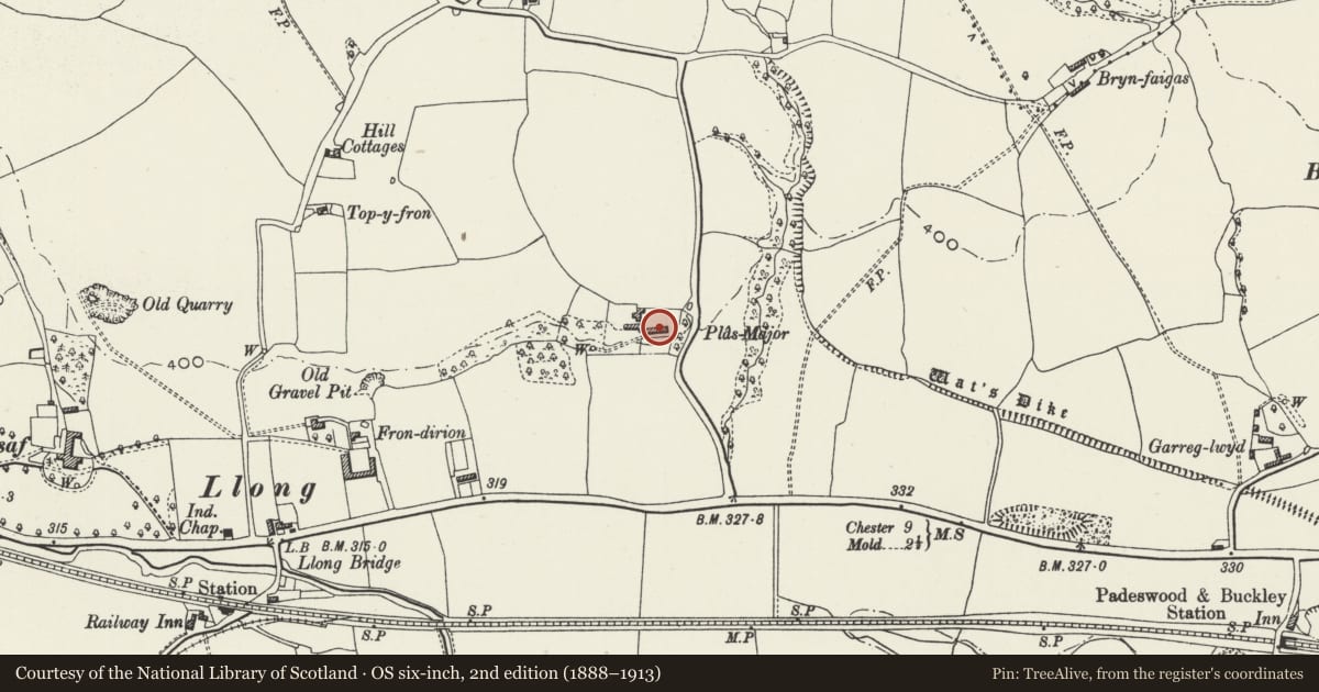 Ordnance Survey six-inch map, 2nd edition (1888–1913) covering the location of Plas Major including attached barn, Argoed, Flintshire, with a pin at the register's coordinates