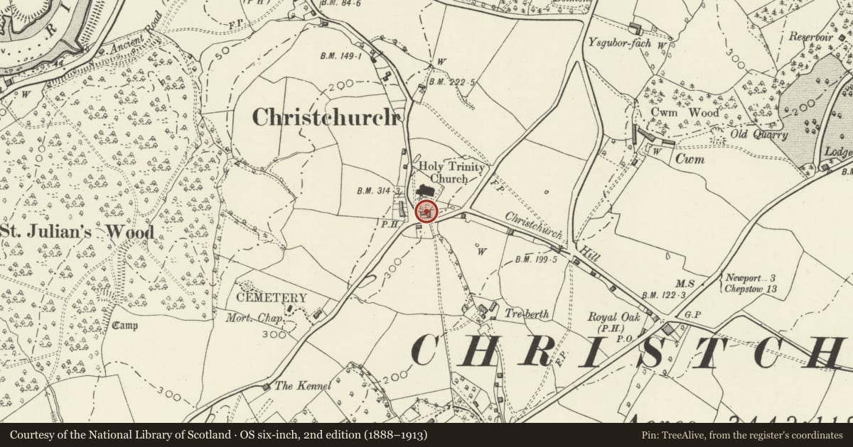 Ordnance Survey six-inch map, 2nd edition (1888–1913) covering the location of Church House & The Friars, Caerleon, Newport, with a pin at the register's coordinates