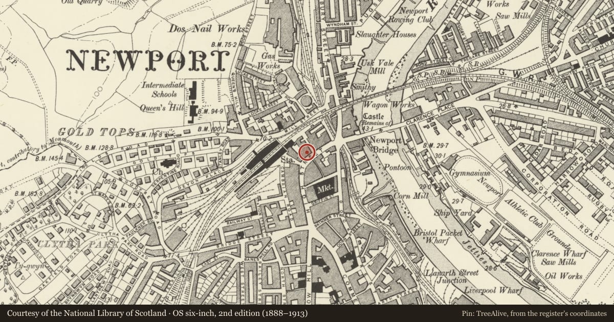 Ordnance Survey six-inch map, 2nd edition (1888–1913) covering the location of Former Head Post Office, Stow Hill, Newport, with a pin at the register's coordinates