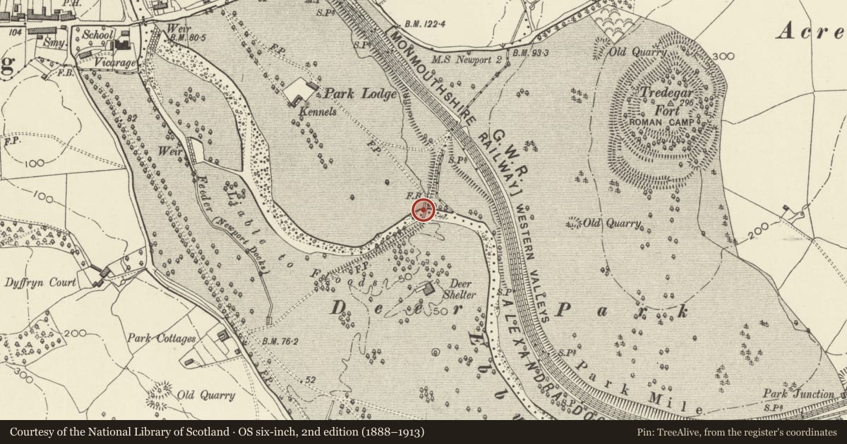 Ordnance Survey six-inch map, 2nd edition (1888–1913) covering the location of Footbridge at former Tredegar Park Golf Course, Graig, Newport, with a pin at the register's coordinates