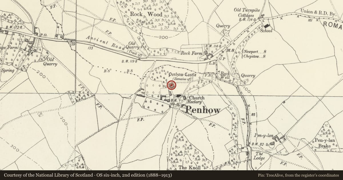 Ordnance Survey six-inch map, 2nd edition (1888–1913) covering the location of Penhow Castle, Newport, with a pin at the register's coordinates