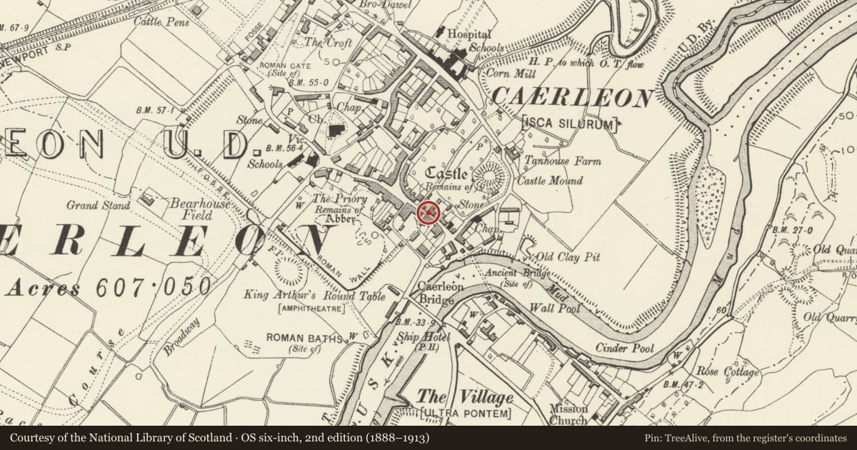 Ordnance Survey six-inch map, 2nd edition (1888–1913) covering the location of Wall of Nos. 14 and 15A, Caerleon, Newport, with a pin at the register's coordinates