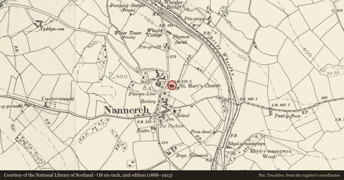 Ordnance Survey six-inch map, 2nd edition (1888–1913) covering the location of Church of St Michael and All Angels, Nannerch, Flintshire, with a pin at the register's coordinates