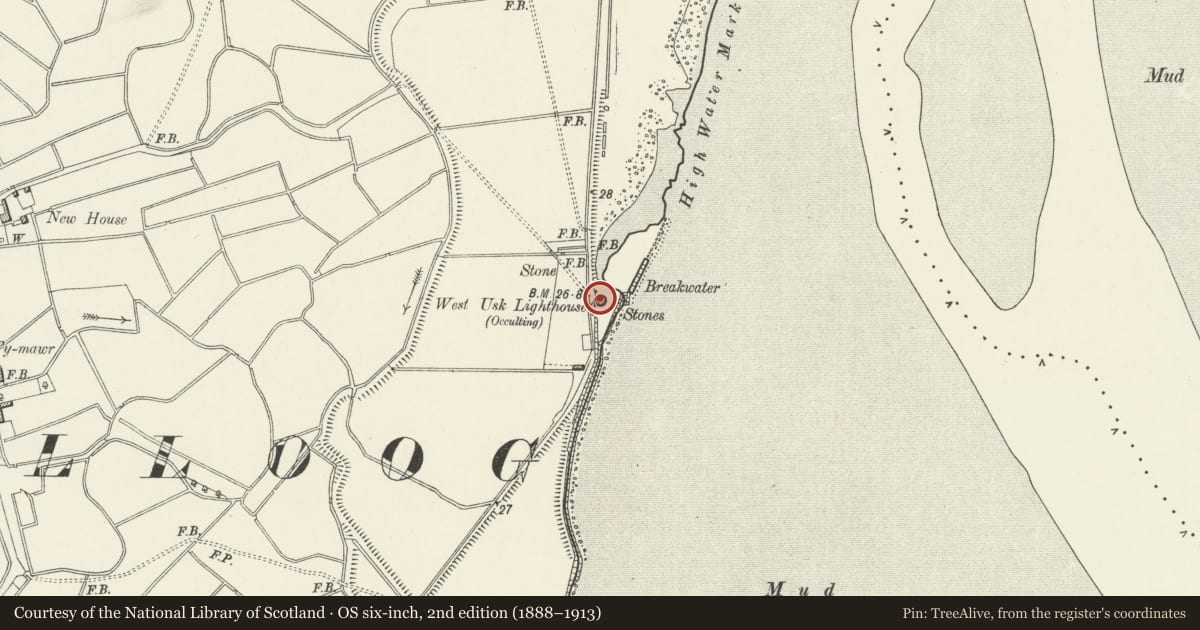 Ordnance Survey six-inch map, 2nd edition (1888–1913) covering the location of Former West Usk Lighthouse, St. Brides, Peterstone, Newport, with a pin at the register's coordinates