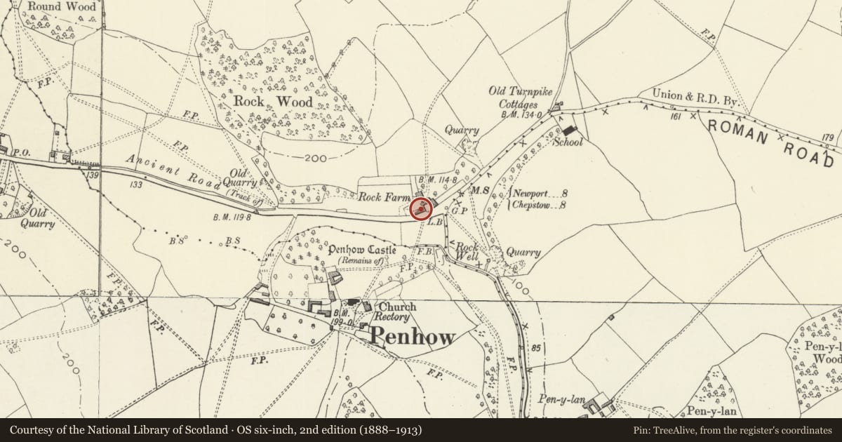 Ordnance Survey six-inch map, 2nd edition (1888–1913) covering the location of The Rock and Fountain Inn PH, Llanvaches, Newport, with a pin at the register's coordinates