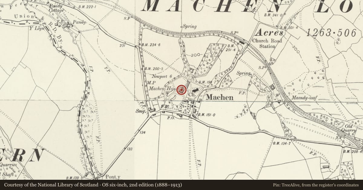 Ordnance Survey six-inch map, 2nd edition (1888–1913) covering the location of Machen House including attached outbuildings and curved screen wall, Graig, Newport, with a pin at the register's coordinates