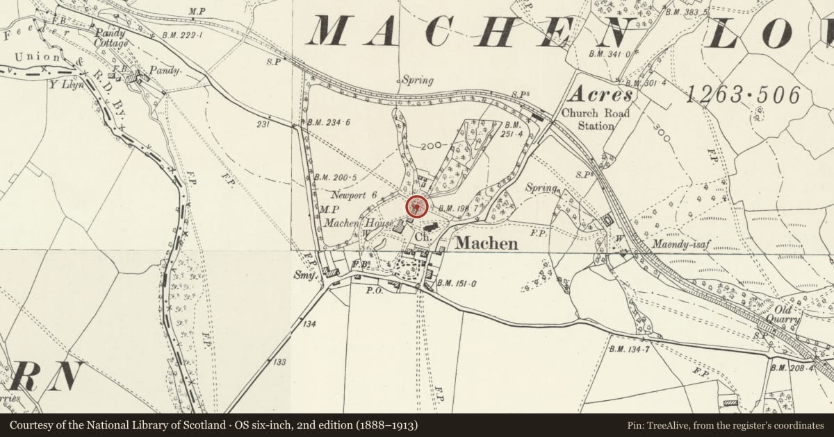 Ordnance Survey six-inch map, 2nd edition (1888–1913) covering the location of Bothy at Machen House, Graig, Newport, with a pin at the register's coordinates
