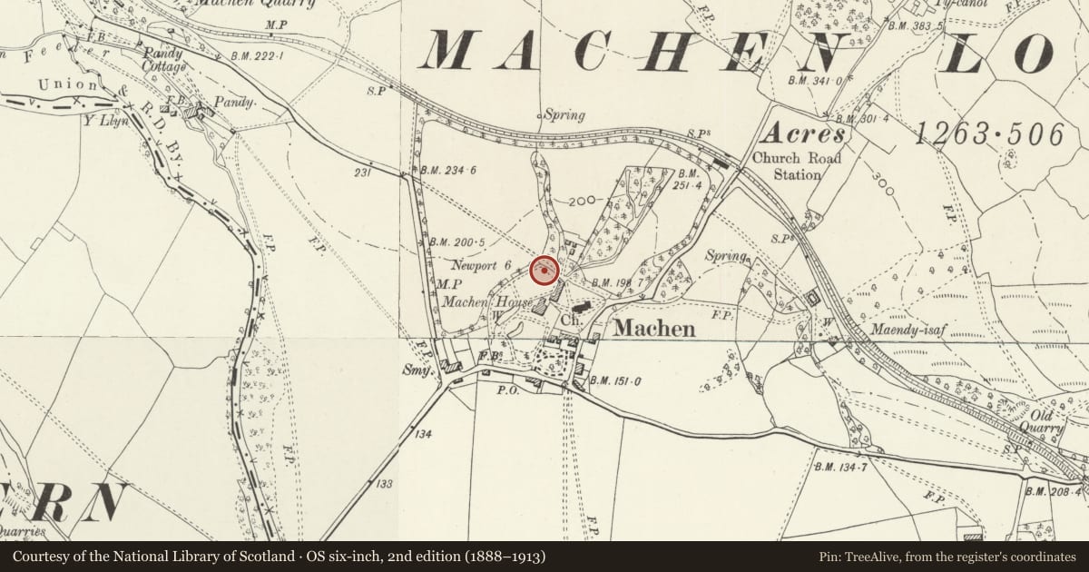 Ordnance Survey six-inch map, 2nd edition (1888–1913) covering the location of Bee bole at Machen House, Graig, Newport, with a pin at the register's coordinates