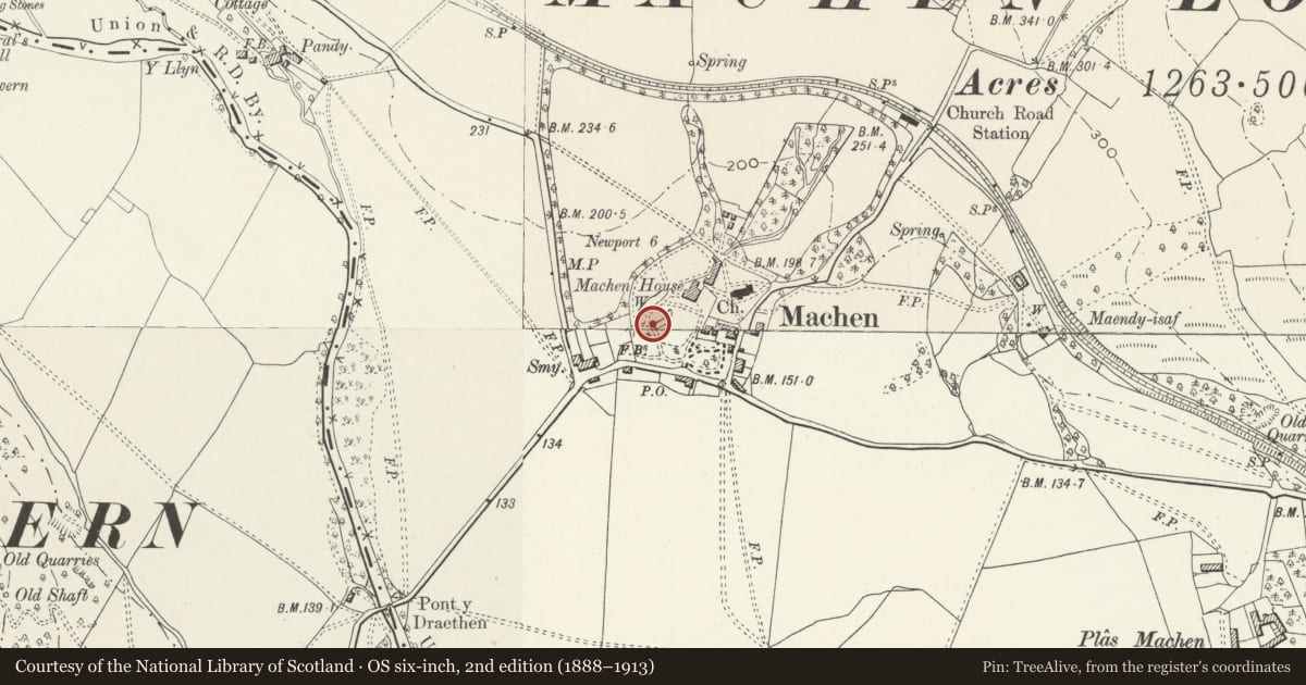 Ordnance Survey six-inch map, 2nd edition (1888–1913) covering the location of Footbridge over lake at Machen House, Graig, Newport, with a pin at the register's coordinates