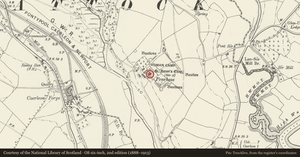 Ordnance Survey six-inch map, 2nd edition (1888–1913) covering the location of Penrhos Farmhouse, Caerleon, Newport, with a pin at the register's coordinates