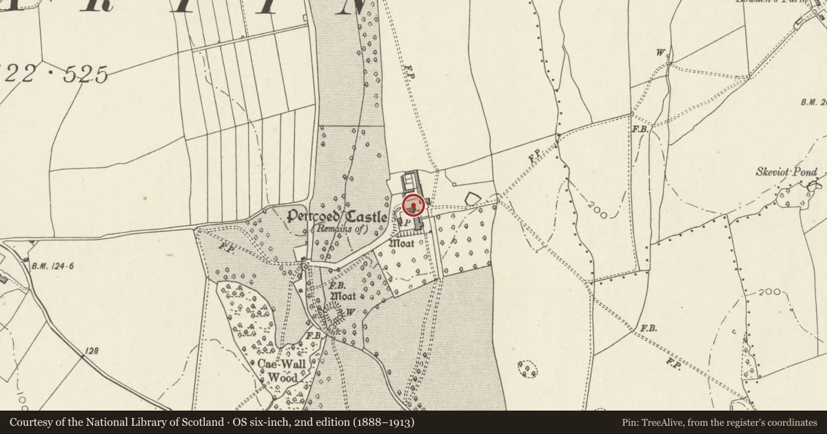 Ordnance Survey six-inch map, 2nd edition (1888–1913) covering the location of Farmhouse at Pencoed Castle, Langstone, Newport, with a pin at the register's coordinates