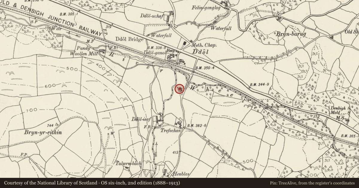 Ordnance Survey six-inch map, 2nd edition (1888–1913) covering the location of Plas-yn-crwmp, Ysceifiog, Flintshire, with a pin at the register's coordinates