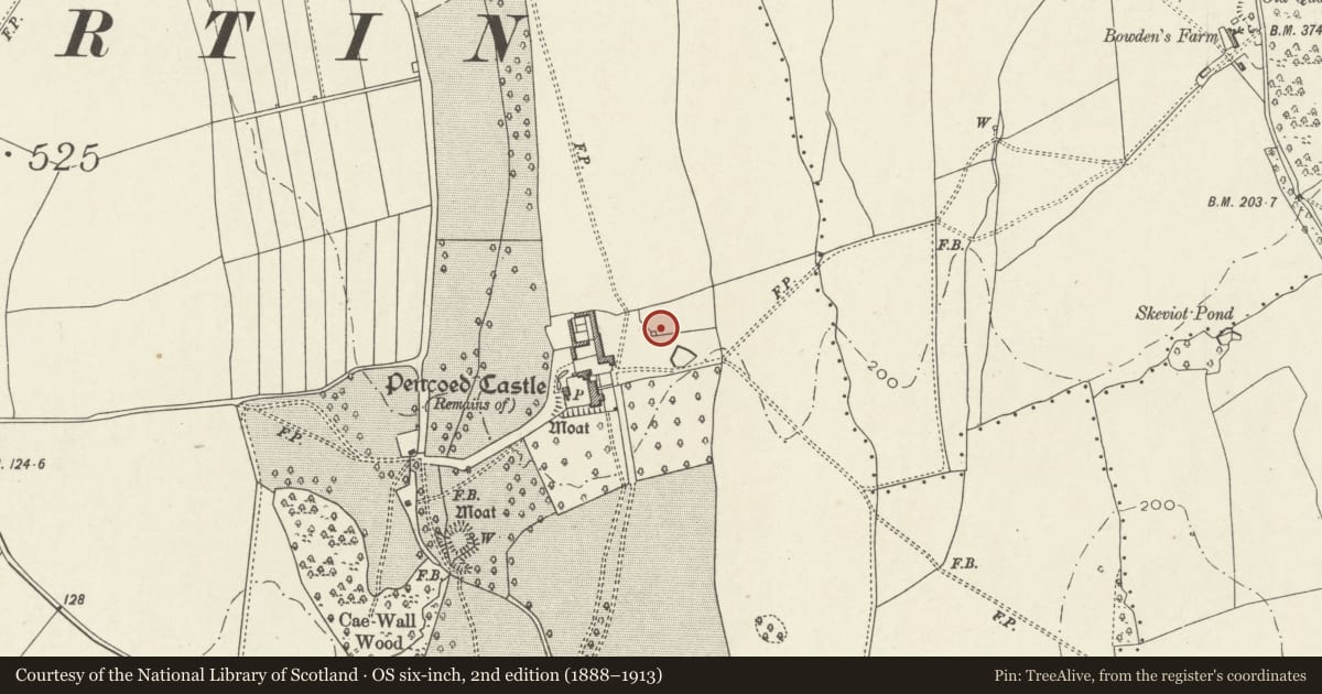 Ordnance Survey six-inch map, 2nd edition (1888–1913) covering the location of Dovecote at Pencoed Castle, Langstone, Newport, with a pin at the register's coordinates