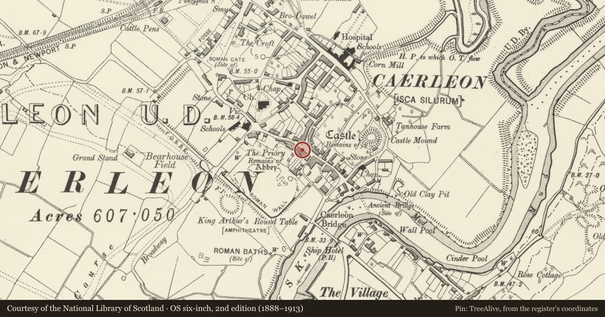 Ordnance Survey six-inch map, 2nd edition (1888–1913) covering the location of Telephone Call-box outside the Post Office, Caerleon, Newport, with a pin at the register's coordinates