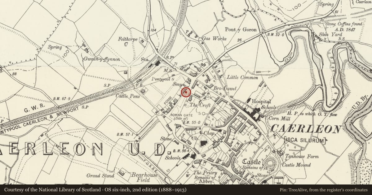 Ordnance Survey six-inch map, 2nd edition (1888–1913) covering the location of Telephone Call-box near The Goldcroft PH, Caerleon, Newport, with a pin at the register's coordinates