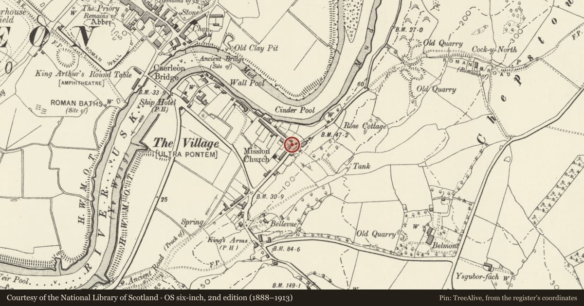 Ordnance Survey six-inch map, 2nd edition (1888–1913) covering the location of Telephone Call-box at the junction with Bulmore Road, Caerleon, Newport, with a pin at the register's coordinates