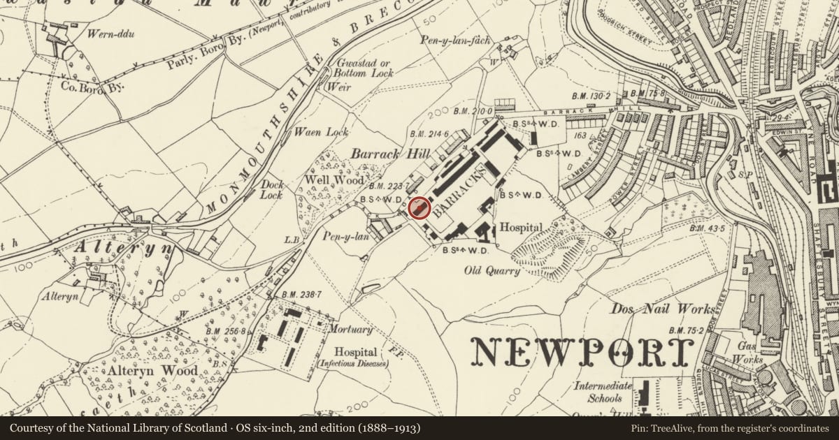 Ordnance Survey six-inch map, 2nd edition (1888–1913) covering the location of Range to SW of Main Barrack Block (including Cadet Training Centre), Raglan Barracks, Allt-yr-Yn, Newport, with a pin at the register's coordinates