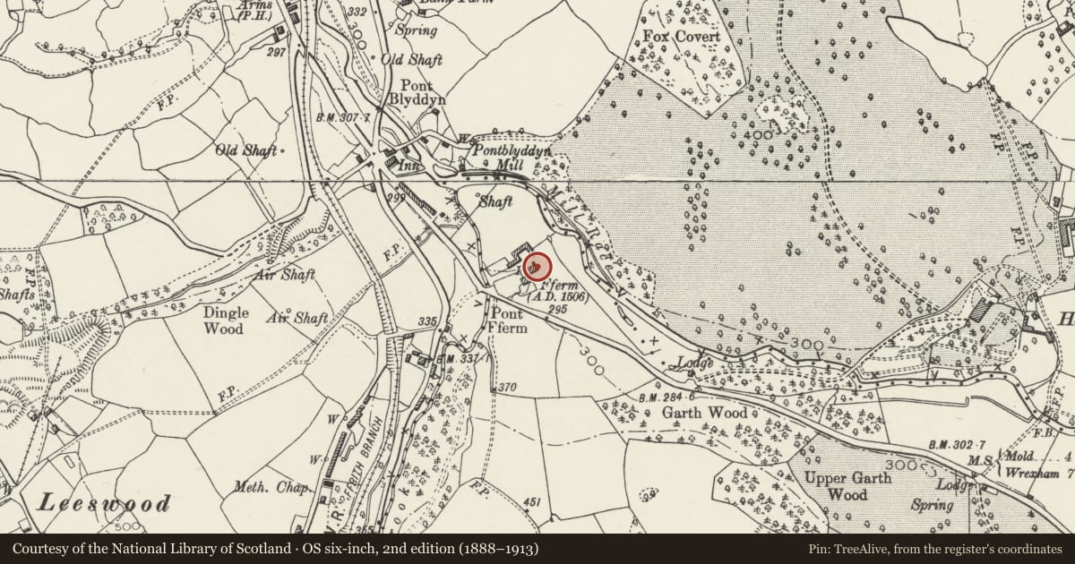 Ordnance Survey six-inch map, 2nd edition (1888–1913) covering the location of The Brewhouse at Fferm Farmhouse, Leeswood and Pontblyddyn, Flintshire, with a pin at the register's coordinates