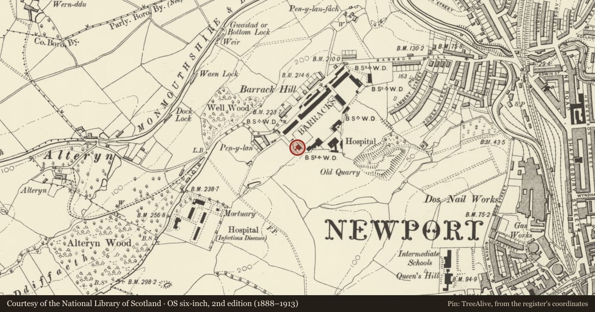 Ordnance Survey six-inch map, 2nd edition (1888–1913) covering the location of Raglan House, Raglan Barracks, Allt-yr-Yn, Newport, with a pin at the register's coordinates