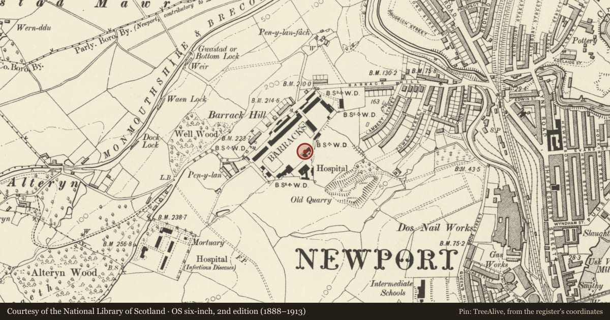 Ordnance Survey six-inch map, 2nd edition (1888–1913) covering the location of Armoury (including building and yard to right), Raglan Barracks, Allt-yr-Yn, Newport, with a pin at the register's coordinates