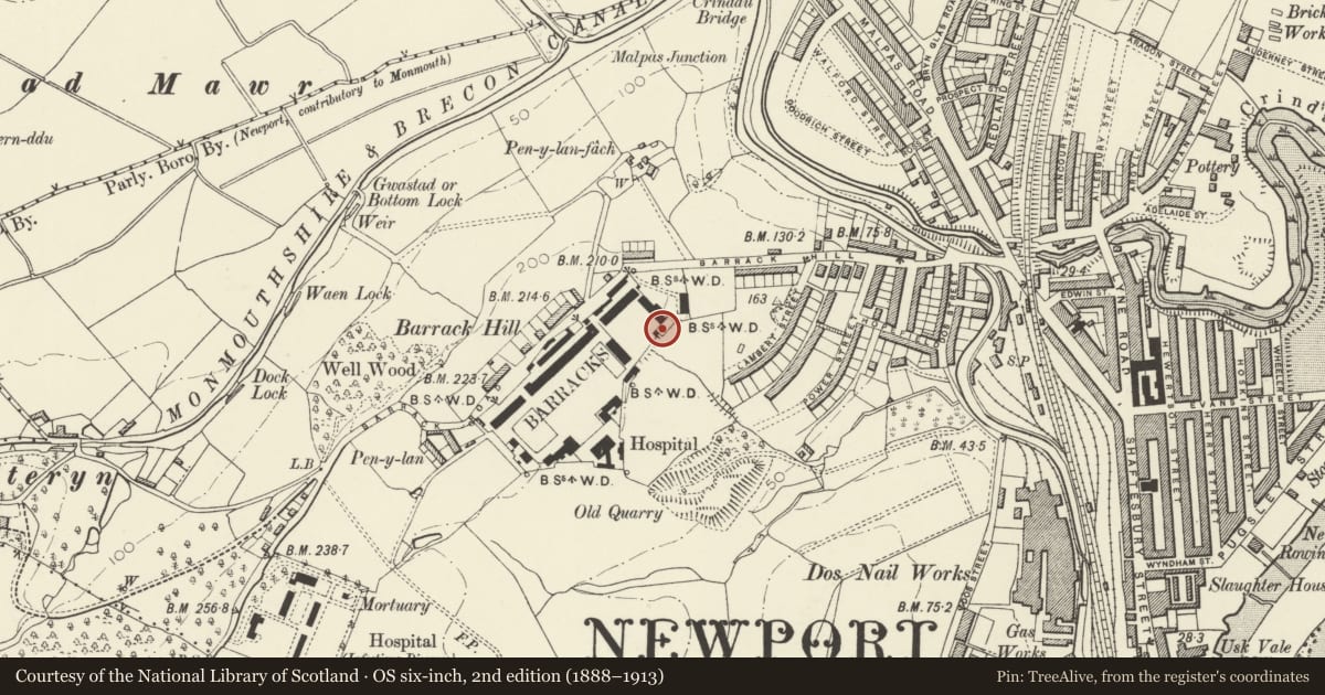 Ordnance Survey six-inch map, 2nd edition (1888–1913) covering the location of Gymnasium, Raglan Barracks, Allt-yr-Yn, Newport, with a pin at the register's coordinates