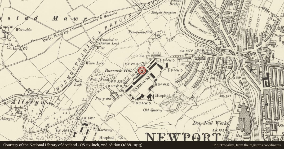 Ordnance Survey six-inch map, 2nd edition (1888–1913) covering the location of Boundary Wall to Raglan Barracks, Allt-yr-Yn, Newport, with a pin at the register's coordinates