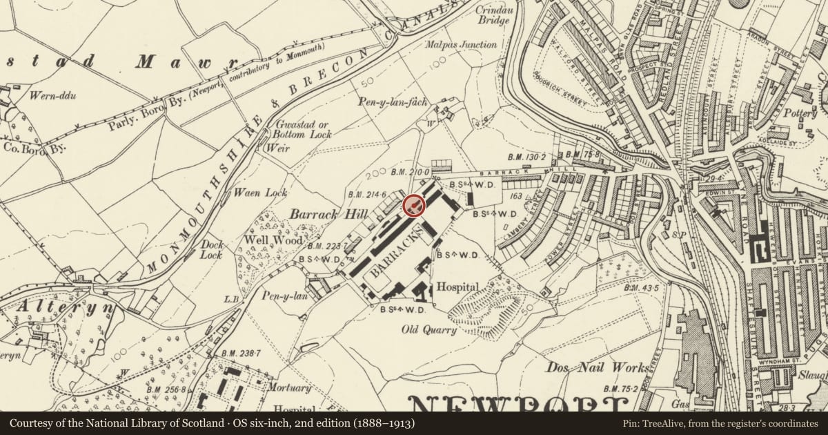 Ordnance Survey six-inch map, 2nd edition (1888–1913) covering the location of Guard Room beside main entrance, Raglan Barracks, Allt-yr-Yn, Newport, with a pin at the register's coordinates