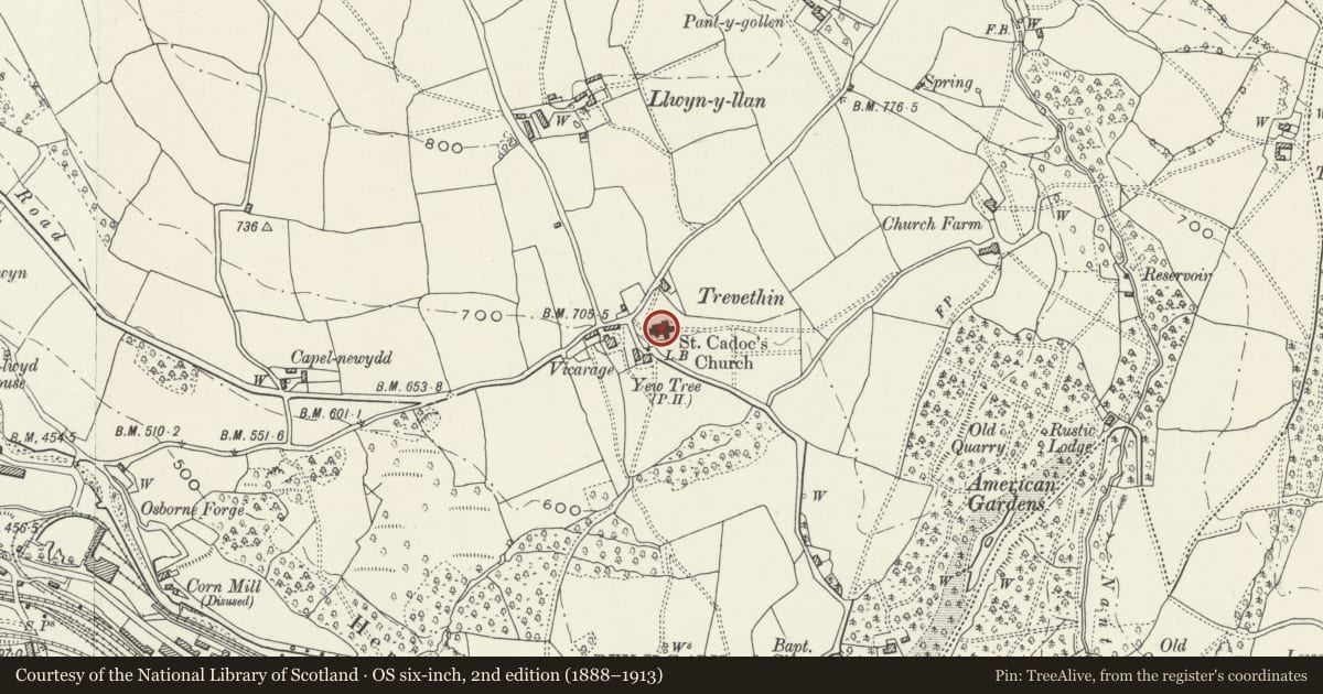 Ordnance Survey six-inch map, 2nd edition (1888–1913) covering the location of Church of St. Cadoc, Trevethin, Torfaen, with a pin at the register's coordinates