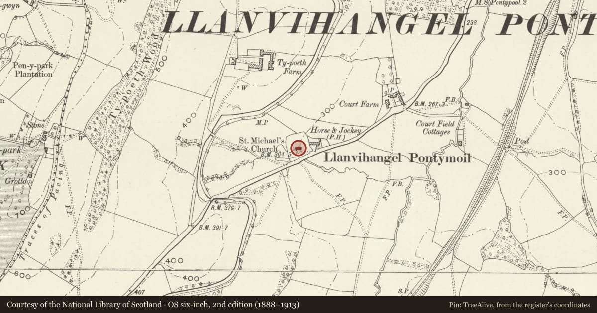 Ordnance Survey six-inch map, 2nd edition (1888–1913) covering the location of Church of St Michael and All Angels, New Inn, Torfaen, with a pin at the register's coordinates
