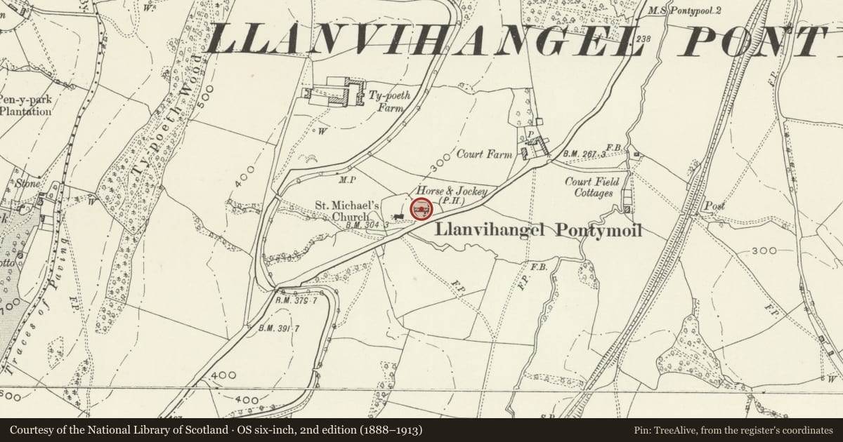 Ordnance Survey six-inch map, 2nd edition (1888–1913) covering the location of The Horse and Jockey P H, New Inn, Torfaen, with a pin at the register's coordinates