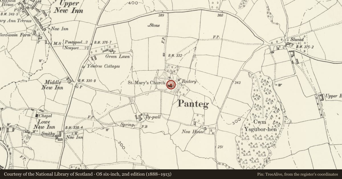 Ordnance Survey six-inch map, 2nd edition (1888–1913) covering the location of Church of St Mary, New Inn, Torfaen, with a pin at the register's coordinates