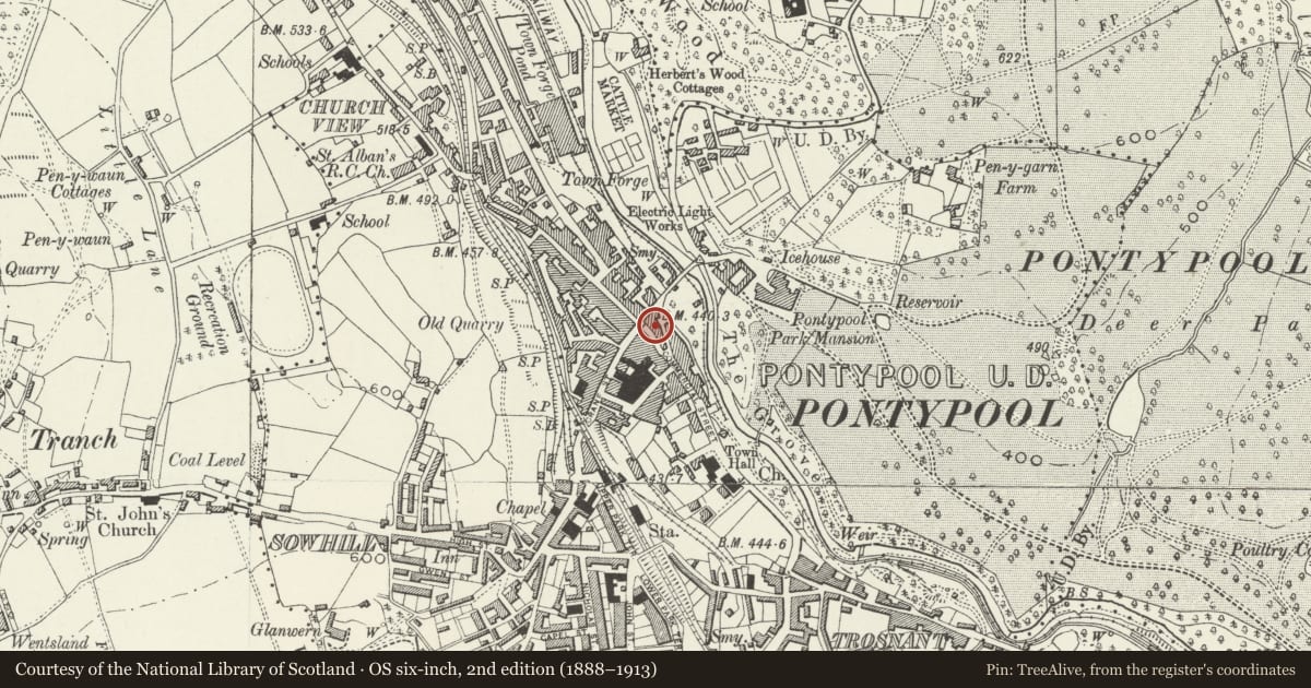 Ordnance Survey six-inch map, 2nd edition (1888–1913) covering the location of Old Market House (Second Thoughts), Pontymoile, Torfaen, with a pin at the register's coordinates