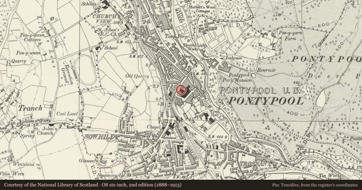 Ordnance Survey six-inch map, 2nd edition (1888–1913) covering the location of Crane Street Baptist Church, Pontymoile, Torfaen, with a pin at the register's coordinates