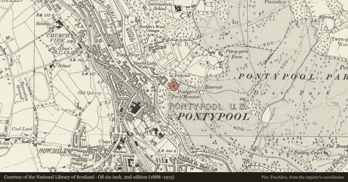 Ordnance Survey six-inch map, 2nd edition (1888–1913) covering the location of St Alban's Catholic School, Pontymoile, Torfaen, with a pin at the register's coordinates
