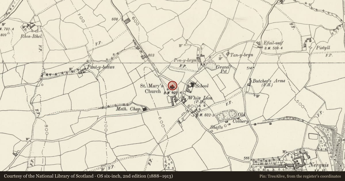 Ordnance Survey six-inch map, 2nd edition (1888–1913) covering the location of St Mary's Parish Church, Nercwys, Flintshire, with a pin at the register's coordinates