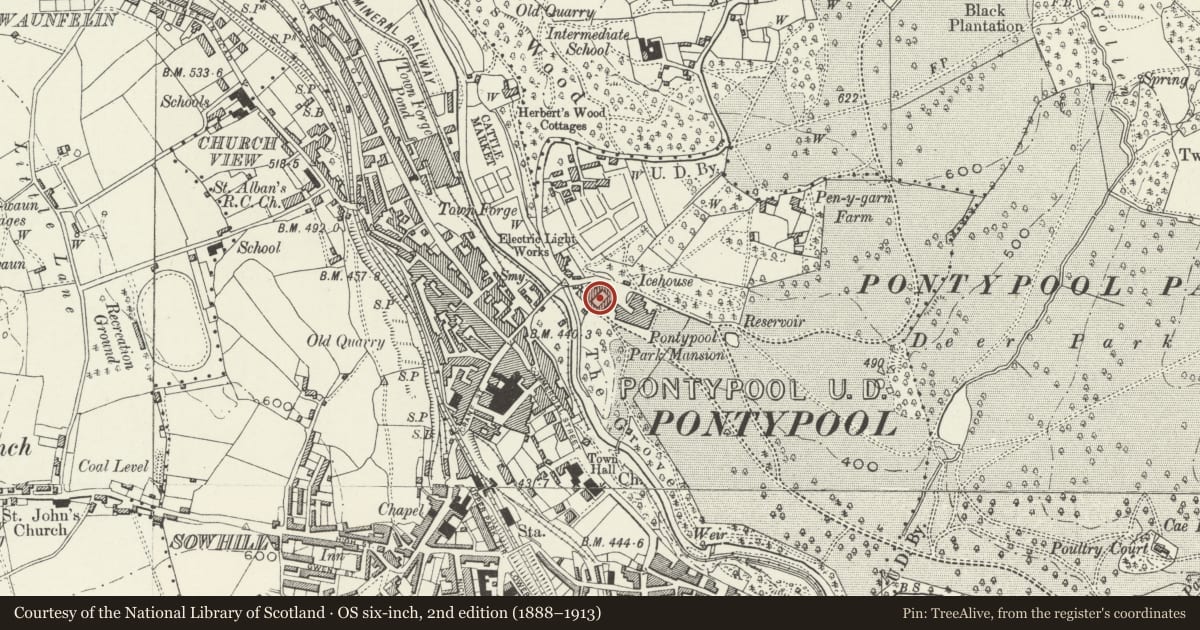 Ordnance Survey six-inch map, 2nd edition (1888–1913) covering the location of The Valley Inheritance Museum, Pontymoile, Torfaen, with a pin at the register's coordinates