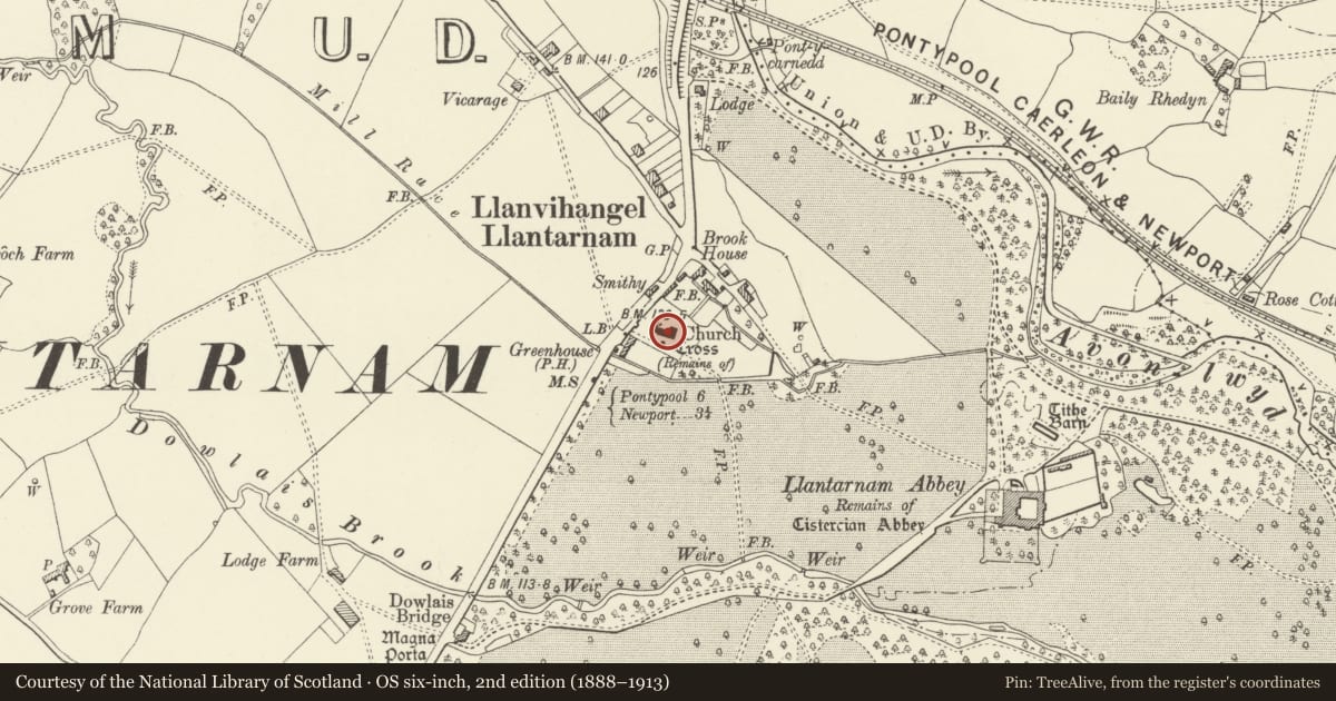 Ordnance Survey six-inch map, 2nd edition (1888–1913) covering the location of Church of St Michael and All Angels, Llantarnam, Torfaen, with a pin at the register's coordinates