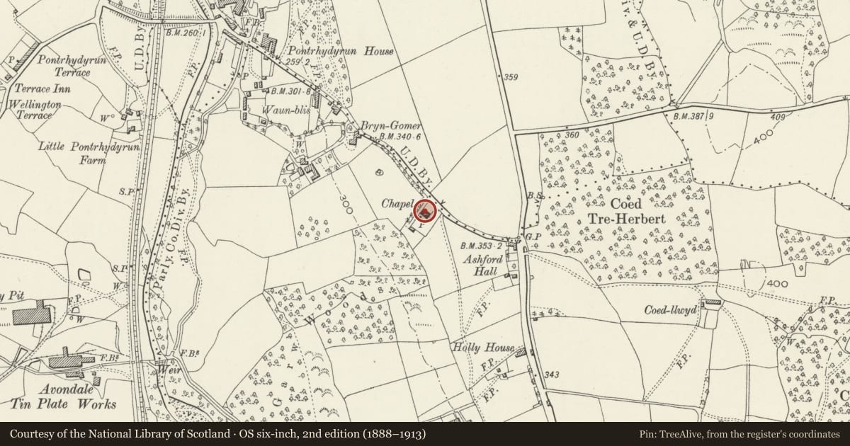 Ordnance Survey six-inch map, 2nd edition (1888–1913) covering the location of Pontrhydyrun Baptist Church, Croesyceiliog, Torfaen, with a pin at the register's coordinates
