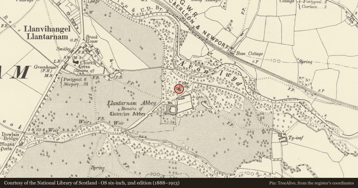Ordnance Survey six-inch map, 2nd edition (1888–1913) covering the location of Ruins of barn at Llantarnam Abbey, Torfaen, with a pin at the register's coordinates