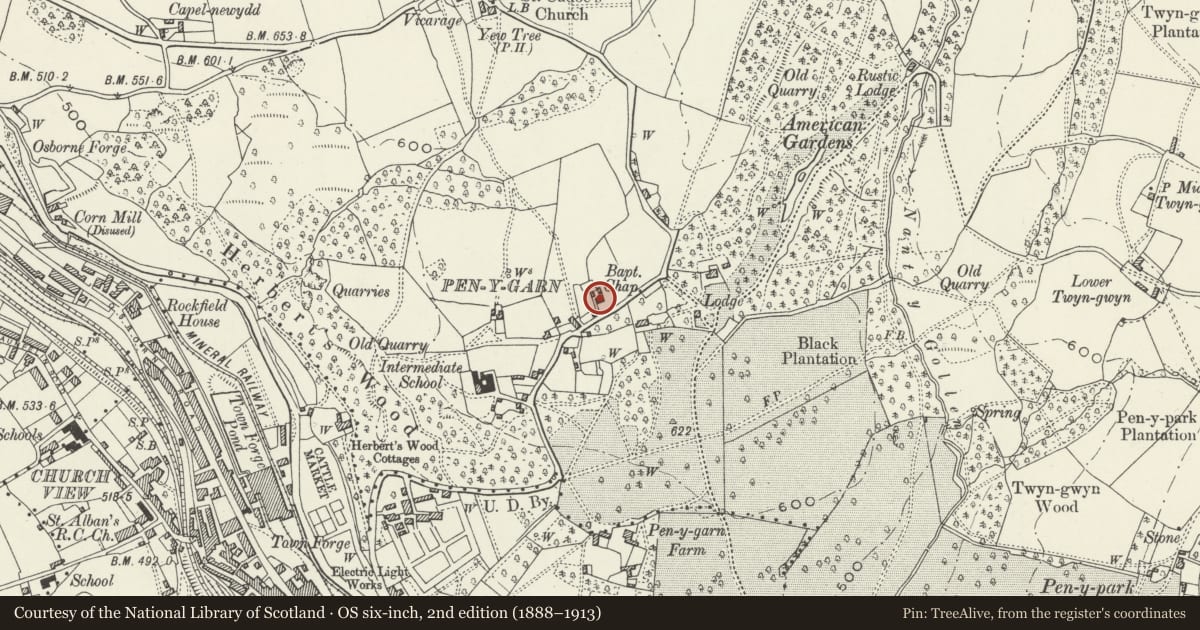 Ordnance Survey six-inch map, 2nd edition (1888–1913) covering the location of Tabernacle Baptist Church, Trevethin, Torfaen, with a pin at the register's coordinates