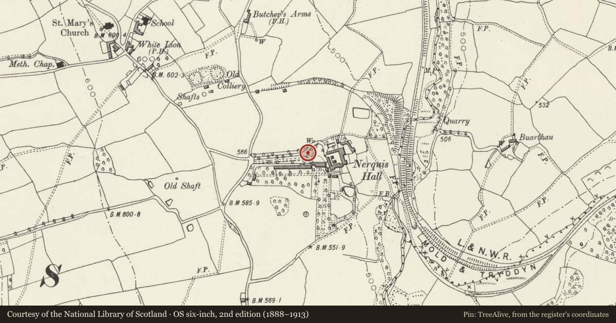 Ordnance Survey six-inch map, 2nd edition (1888–1913) covering the location of Lower Gates & Forecourt Wall at Nequis Hall, Nercwys, Flintshire, with a pin at the register's coordinates