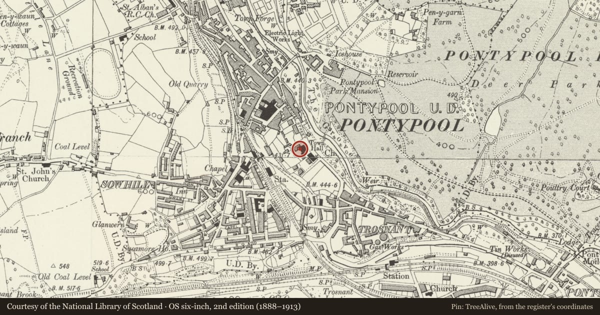 Ordnance Survey six-inch map, 2nd edition (1888–1913) covering the location of Town Hall, Pontymoile, Torfaen, with a pin at the register's coordinates