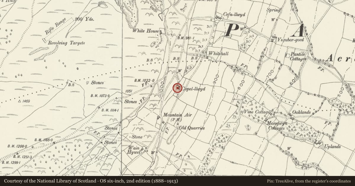 Ordnance Survey six-inch map, 2nd edition (1888–1913) covering the location of Capel-llwyd, Upper Cwmbran, Torfaen, with a pin at the register's coordinates