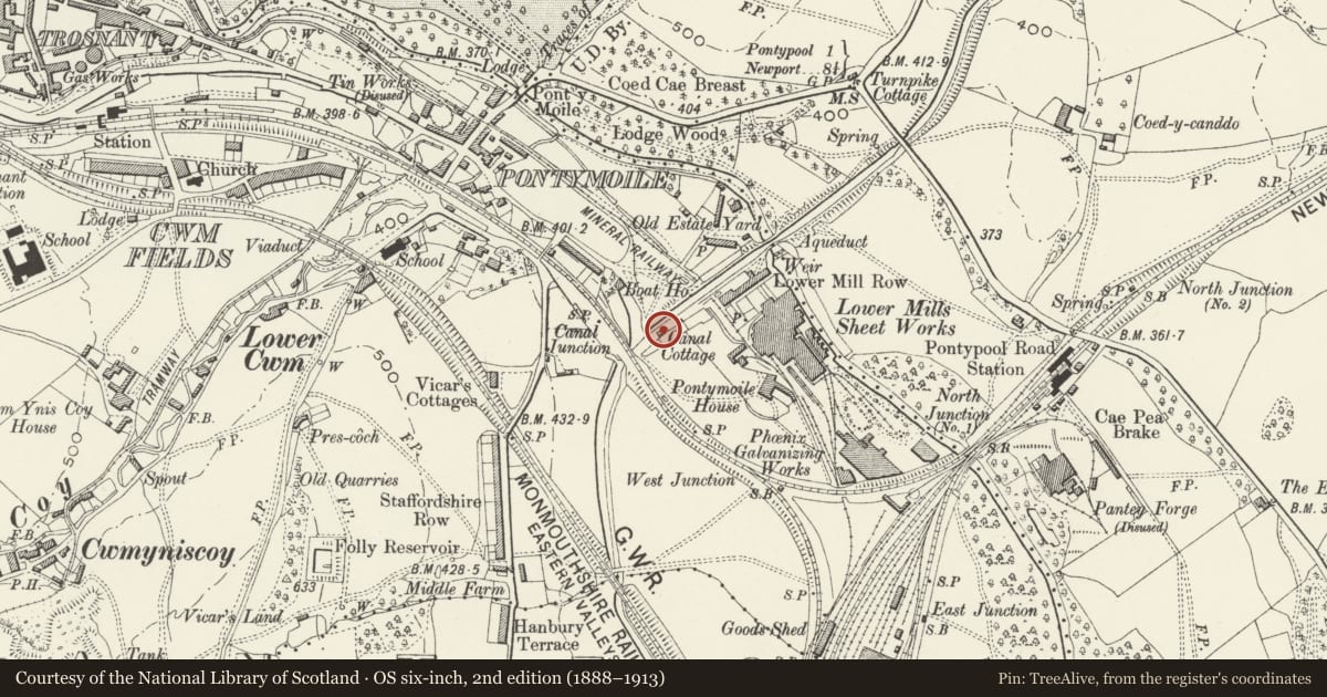 Ordnance Survey six-inch map, 2nd edition (1888–1913) covering the location of Junction House at Pontymoile Canal Basin, Monmouthshire and Brecon Canal, Torfaen, with a pin at the register's coordinates