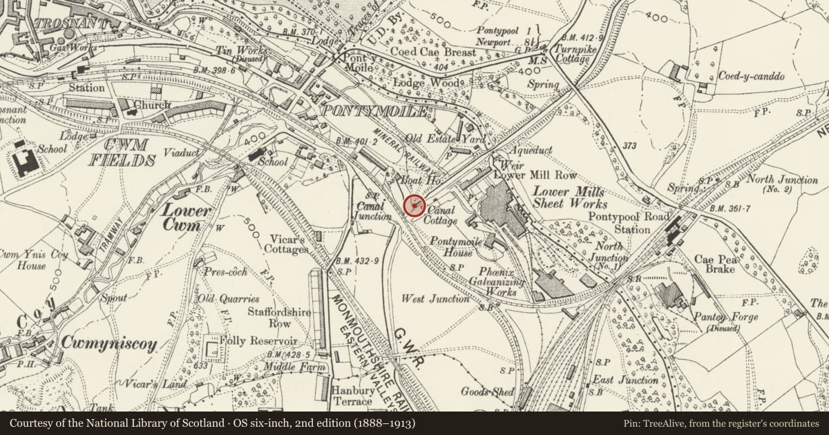 Ordnance Survey six-inch map, 2nd edition (1888–1913) covering the location of Bridge 53 at Pontymoile Basin, Monmouthshire and Brecon Canal, Torfaen, with a pin at the register's coordinates