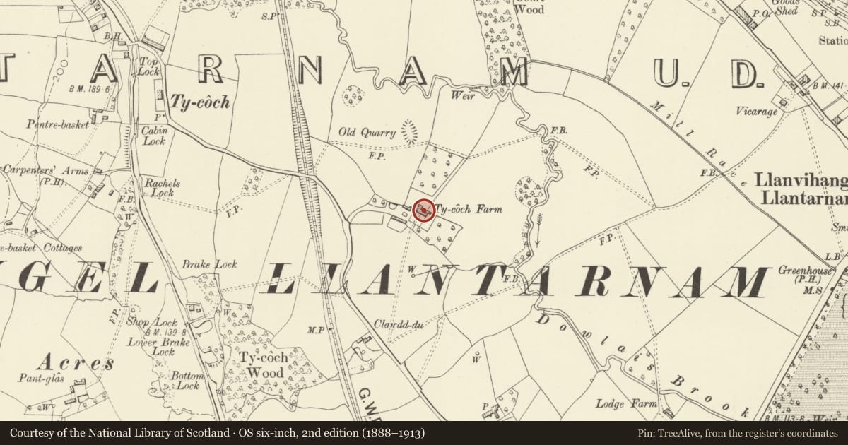 Ordnance Survey six-inch map, 2nd edition (1888–1913) covering the location of Ty-coch Farmhouse, Llantarnam, Torfaen, with a pin at the register's coordinates