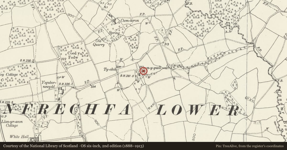 Ordnance Survey six-inch map, 2nd edition (1888–1913) covering the location of Waun-y-pwll, Llanyrafon, Torfaen, with a pin at the register's coordinates
