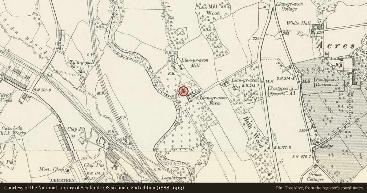 Ordnance Survey six-inch map, 2nd edition (1888–1913) covering the location of Llanyrafon, Torfaen, with a pin at the register's coordinates