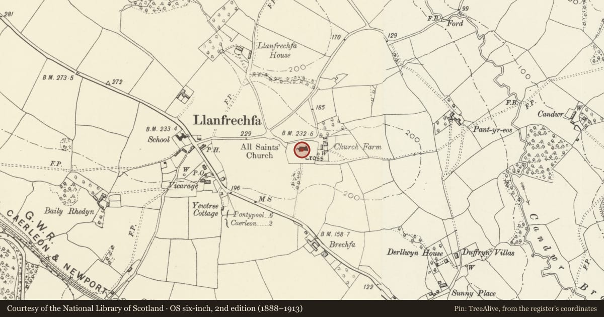 Ordnance Survey six-inch map, 2nd edition (1888–1913) covering the location of Church of All Saints, Ponthir, Torfaen, with a pin at the register's coordinates